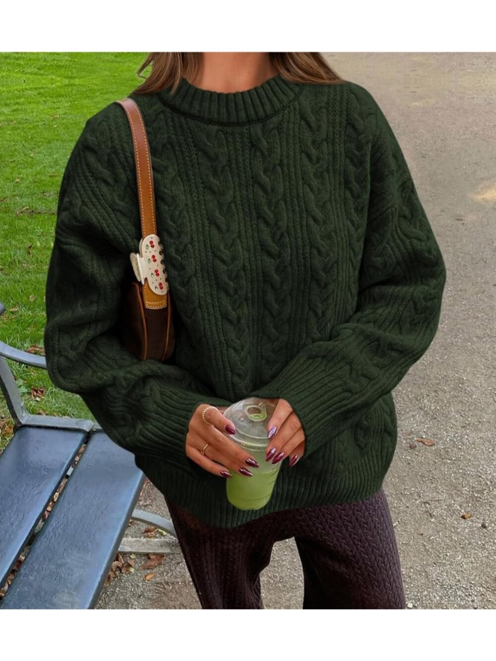 Women's Army Green Cozy Soft Chunky Textured Knit Crewneck Oversized Sweaters - Picture 2 of 2